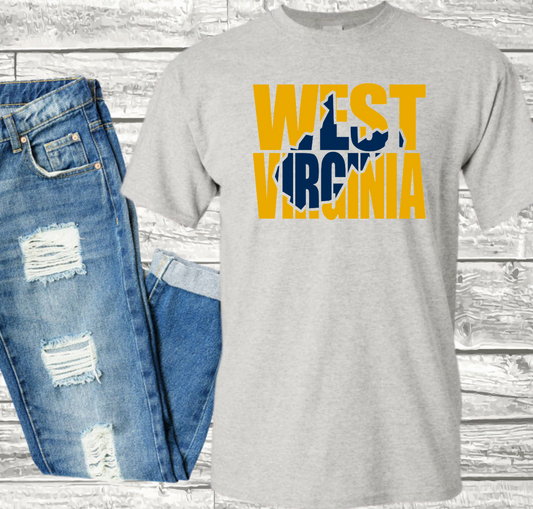 West Virginia Blue and Gold on a Light Grey Tee