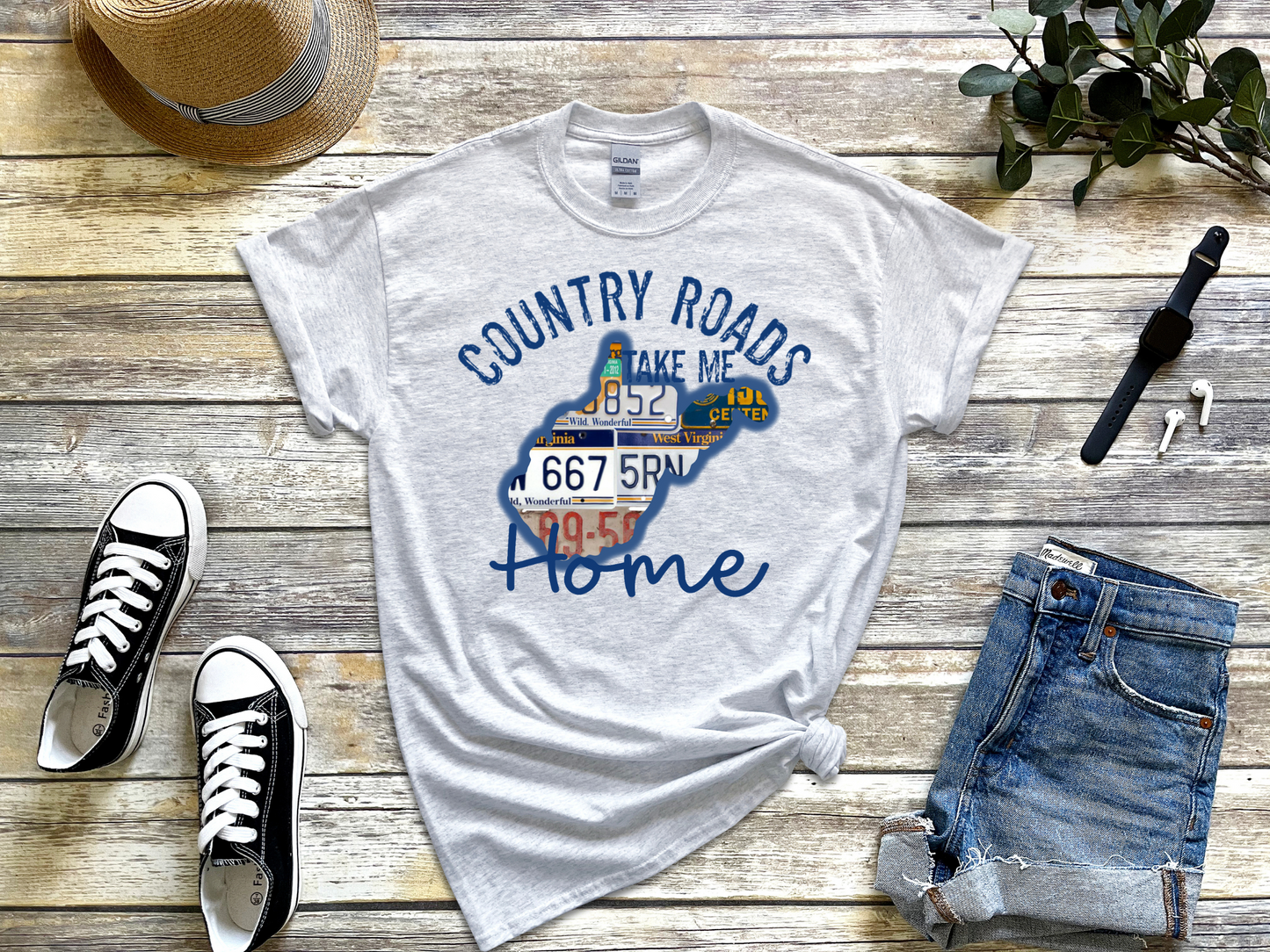 License Plate Country Roads WV on a Light Grey Tee (sublimation)