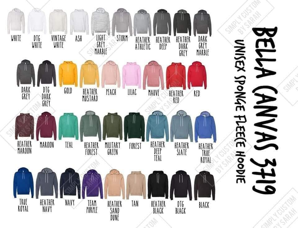 Bella Canvas Hoodie Sweatshirt color chart